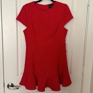DO+BE Red Short Sleeved Dress Lined Flare at Bottom w/ Stitched Seams and Cuts